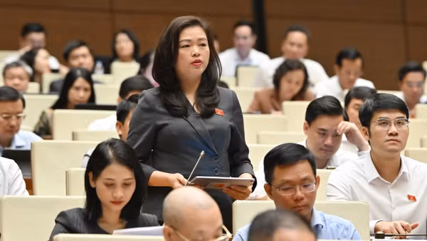 Đại biểu Đoàn Thị Lê An (Đoàn Cao Bằng) phát biểu tại hội trường. (Ảnh: THỦY NGUYÊN)