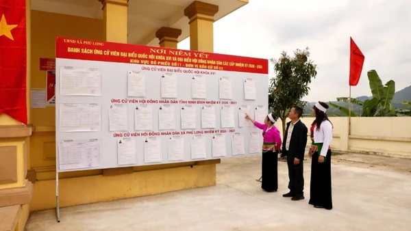 Cử tri đồng bào dân tộc thiểu số xã Phú Long, tỉnh Ninh Bình nghiên cứu tiểu sử của các ứng cử viên. (Ảnh: VĂN LÚA-YẾN TRINH)