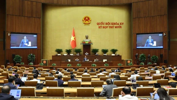 Quốc hội thảo luận ở hội trường về dự án Luật Thương mại điện tử. (Ảnh: DUY LINH)