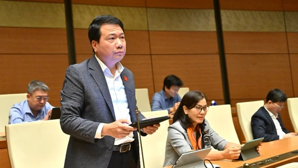 Đại biểu Ngô Trung Thành (Đoàn Đắk Lắk) phát biểu. (Ảnh: DUY LINH)