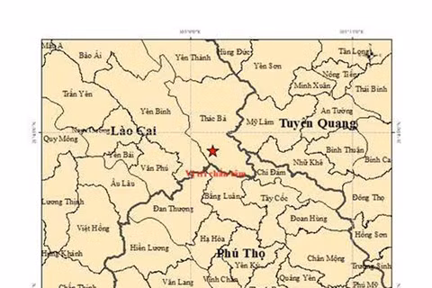 Bản đồ chấn tâm trận động đất có độ lớn 3,0 xảy ra tại xã Thác Bà, tỉnh Phú Thọ. (Ảnh: Viện Các Khoa học Trái đất)