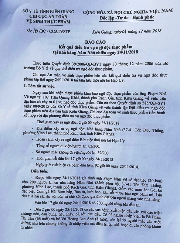 Thông tin vụ ngộ độc thực phẩm tại Nhà hàng Năm Nhỏ ảnh 3