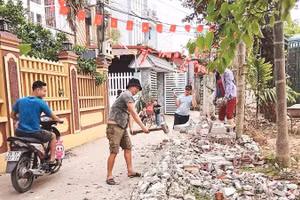 Người dân thôn Châu Sơn, xã Cổ Đô tự nguyện tháo dỡ tường rào để mở rộng đường nội thôn.