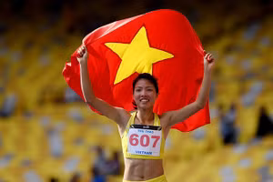 Bùi Thị Thu Thảo ăn mừng khi giành HCV ASIAD 2018. Ảnh | DŨNG PHƯƠNG