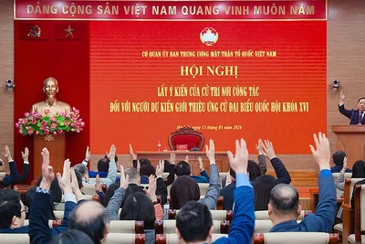 Cử tri Cơ quan Ủy ban Trung ương Mặt trận Tổ quốc Việt Nam biểu quyết đối với danh sách người dự kiến giới thiệu ứng cử đại biểu Quốc hội khóa XVI.