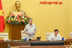 Chủ tịch Quốc hội Trần Thanh Mẫn phát biểu bế mạc phiên họp thứ 46 của Ủy ban Thường vụ Quốc hội. (Ảnh DUY LINH)