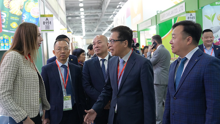 Đại sứ Đặng Minh Khôi và đại diện Bộ Công thương thăm gian hàng Việt Nam tại Hội chợ. (Ảnh: XUÂN HƯNG)