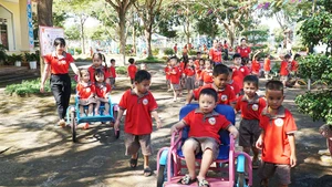 Giáo viên mầm non cùng các bé trong một buổi hoạt động ngoài trời.