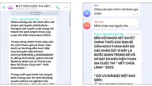 Nội dung lừa đảo từ kênh giả mạo cuộc thi “Viết chữa lành” của BOOKAS. Ảnh: Các nạn nhân cung cấp