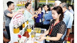 Doanh nghiệp giới thiệu sản phẩm được chiết xuất từ nghệ tại triển lãm y - dược. Ảnh: NAM ANH