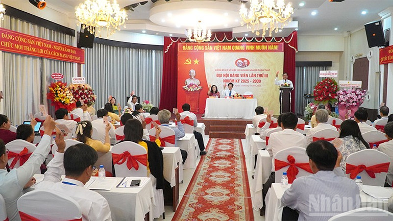 Đại biểu biểu quyết thông qua Nghị quyết đại hội. (Ảnh: HỮU NGHĨA) ndo_br_bieu-quyet-dhdt.jpg