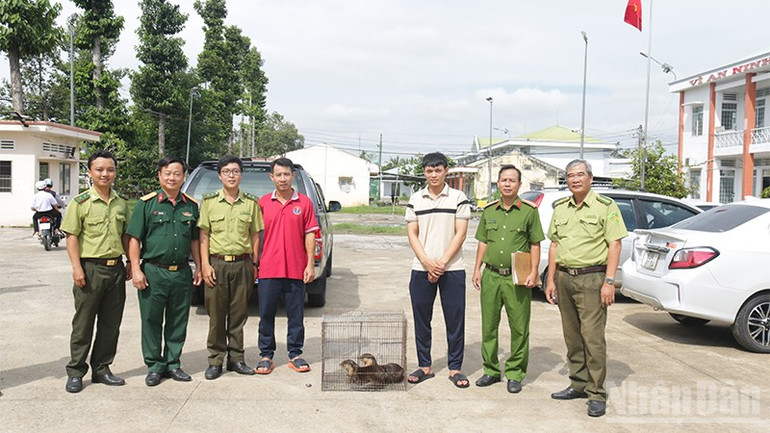 Anh Lưu Minh Nhựt (thứ 3 từ phải sang) giao nộp 2 cá thể rái cá. ndo_br_dt1.jpg
