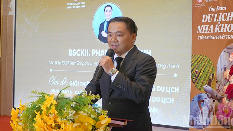 Bác sĩ chuyên khoa 2 Phạm Kim Thành, Chủ tịch Hội đồng quản trị kiêm Tổng giám đốc Công ty trách nhiệm hữu hạn một thành viên Nha khoa Phương Thành phát biểu. ndo_br_nhkhoa1.jpg