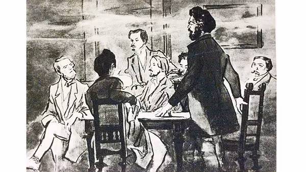 C.Mác phát biểu tại Ủy ban thông tin cộng sản Brussels vào năm 1846. Tranh tư liệu
