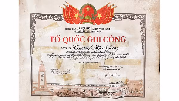 Bằng ghi công liệt sĩ Trương Ngọc Giao.