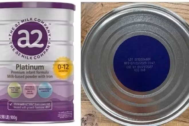 Sản phẩm sữa bột a2 Platinum Premium dành cho trẻ 0-12 tháng tuổi bị thu hồi tại thị trường Mỹ. (Ảnh: FDA)