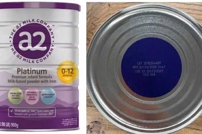 Sản phẩm sữa bột a2 Platinum Premium dành cho trẻ 0-12 tháng tuổi bị thu hồi tại thị trường Mỹ. (Ảnh: FDA)