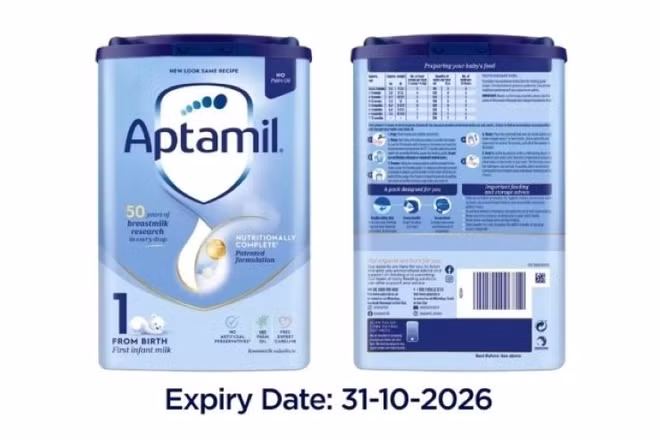 Danone Anh thông báo thu hồi sản phẩm sữa Aptamil First Infant Formula 800g trên website hôm 24/1. (Ảnh: Aptamil)