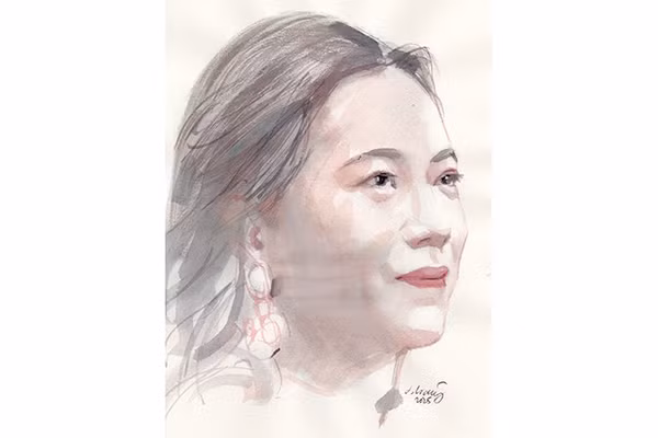 Ký họa chân dung nhà thơ Vi Thùy Linh của họa sĩ Đỗ Hoàng Tường.
