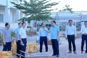 Phó Bí thư Thường trực Tỉnh ủy Cà Mau Huỳnh Quốc Việt (thứ 3 từ phải qua) kiểm tra tại Trường tiểu học Lương Thế Trân. (Ảnh: Hữu Tùng)