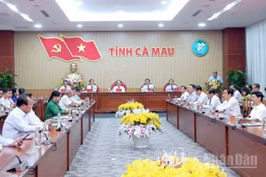 Các đồng chí lãnh đạo tỉnh Cà Mau và đại biểu dự hội nghị thành lập Đảng bộ Hội đồng nhân dân tỉnh và Đảng bộ Mặt trận Tổ quốc, các đoàn thể tỉnh trực thuộc Tỉnh ủy. (Ảnh: HỮU TÙNG)
