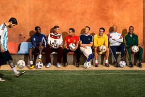 Lionel Messi cùng nhóm các huyền thoại World Cup trong buổi ra mắt chính thức quả bóng. Ảnh: Adidas