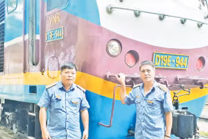 Anh Phạm Quang Thành (trái) và anh Đinh Đức Huy luôn nỗ lực cho những chuyến tàu an toàn. 