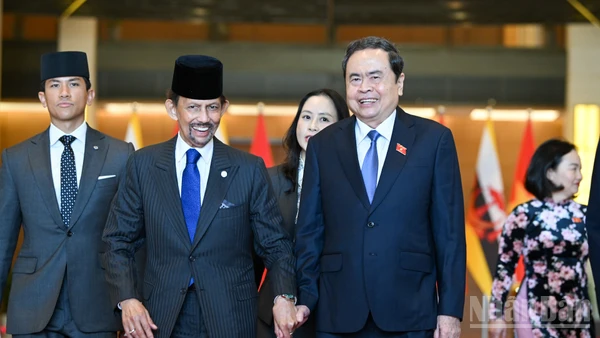 Chủ tịch Quốc hội Trần Thanh Mẫn trao đổi với Quốc vương Brunei Darussalam Haji Hassanal Bolkiah. (Ảnh: DUY LINH) 