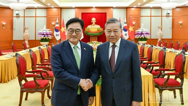 Tổng Bí thư Tô Lâm và Chủ tịch Quốc hội Hàn Quốc Woo Won Shik. (Ảnh: DUY LINH)