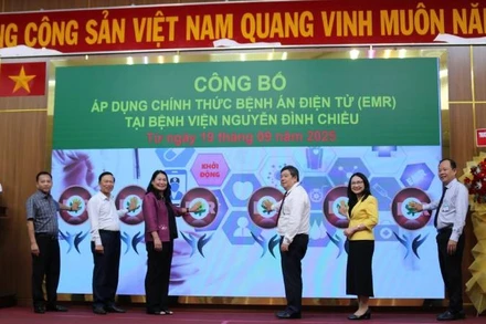 Đại biểu tham dự buổi lễ thực hiện nghi thức công bố áp dụng chính thức bệnh án điện tử tại Bệnh viện Nguyễn Đình Chiểu. (Ảnh: HOÀNG TRUNG)