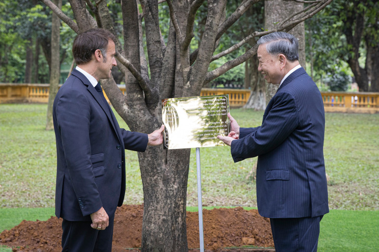 Tổng Bí thư Tô Lâm và Tổng thống Pháp Emmanuel Macron thực hiện nghi thức trồng cây hữu nghị. (Ảnh: SƠN TÙNG) tbt-tt-phap-trong-cau-huu-nghi.jpg