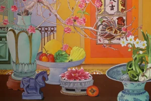 Trích từ tác phẩm màu nước trên lụa "Xuân đại cát" của họa sĩ Vũ Thùy Mai.