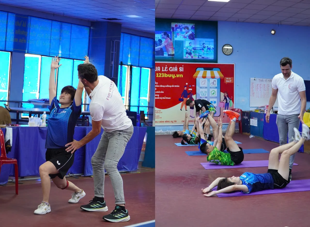 Chuyên gia người Đức Maik Berger hướng dẫn tập luyện thể lực cho VĐV Nguyễn Khoa Diệu Khánh và các VĐV đội bóng bàn Thành phố Hồ Chí Minh. (Ảnh: HT)