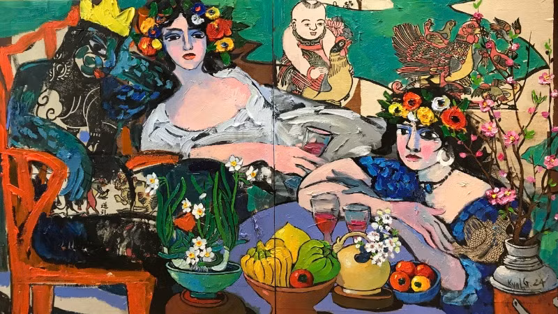 Tác phẩm "Lạc giữa mùa xuân 01", kích thước 65x115cm, chất liệu tổng hợp của được họa sĩ Trần Cường sáng tác năm 2024.