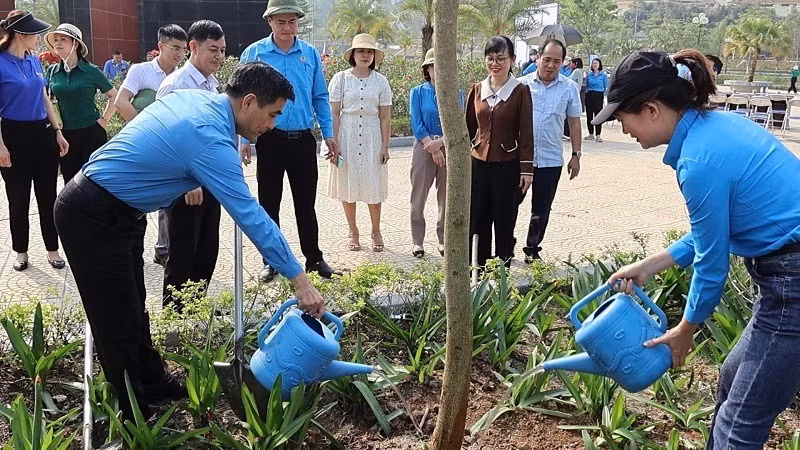 Hưởng ứng Tết trồng cây, cán bộ công đoàn cùng công nhân, người lao động thành phố Điện Biên Phủ trồng cây hoa ban trong Công viên Võ Thị Sáu.