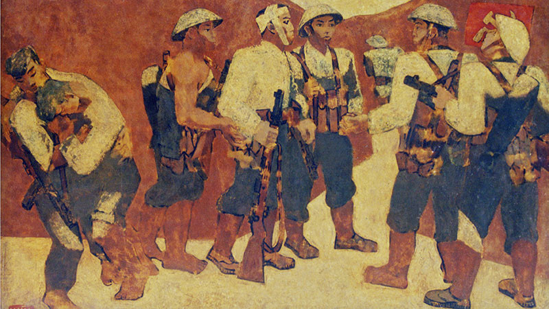 Tác phẩm tranh sơn mài “Kết nạp Đảng ở Điện Biên Phủ” của danh họa Nguyễn Sáng. (Ảnh tư liệu)