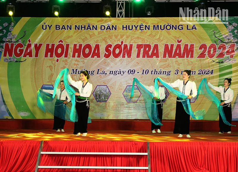 Một tiết mục văn nghệ của đồng bào dân tộc Thái tại ngày hội hoa sơn tra năm 2024 tại xã Ngọc Chiến.