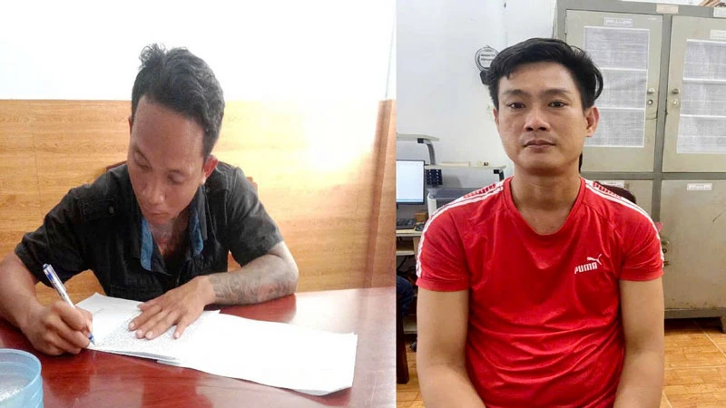 Đối tượng Nguyễn Hoàng Nam và Phạm Ngọc Định đến cơ quan Công an xin đầu thú.