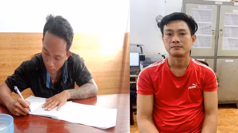 Đối tượng Nguyễn Hoàng Nam và Phạm Ngọc Định đến cơ quan Công an xin đầu thú.