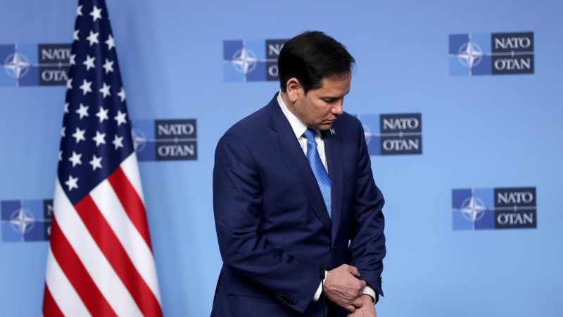 Ngoại trưởng Mỹ Marco Rubio gặp gỡ báo chí trong khuôn khổ cuộc họp Bộ trưởng Ngoại giao NATO tại Brussels, Bỉ, vào ngày 3/4/2025. (Ảnh: Tân Hoa xã)