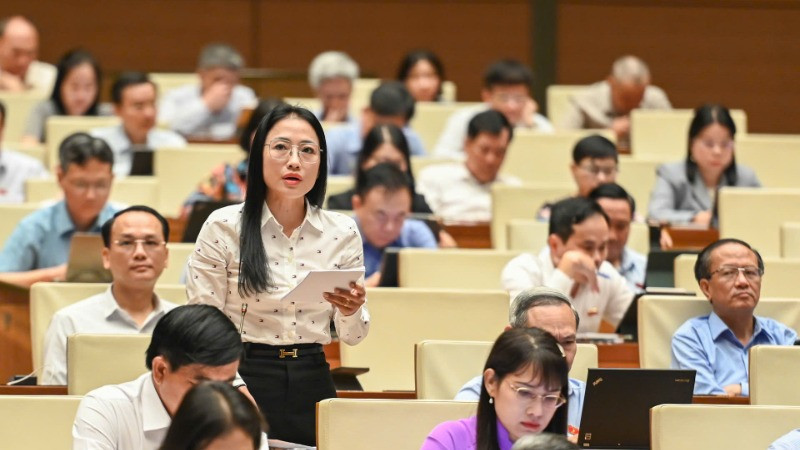 Đại biểu Quốc hội Trần Khánh Thu (đoàn Thái Bình) phát biểu đóng góp ý kiến về dự thảo Luật Nhà giáo. (Ảnh: BÙI GIANG)
