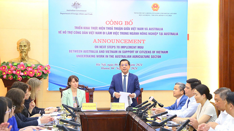 Quang cảnh lễ công bố triển khai thực hiện hỗ trợ công dân Việt Nam đi làm việc trong ngành nông nghiệp tại Australia. (Ảnh: Molisa)