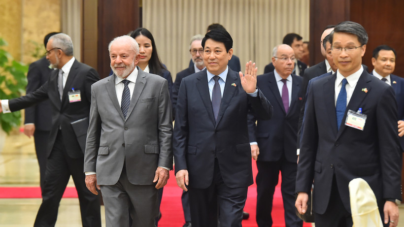 Chủ tịch nước Lương Cường và Tổng thống Brazil Luiz Inacio Lula da Silva tới dự buổi chiêu đãi.