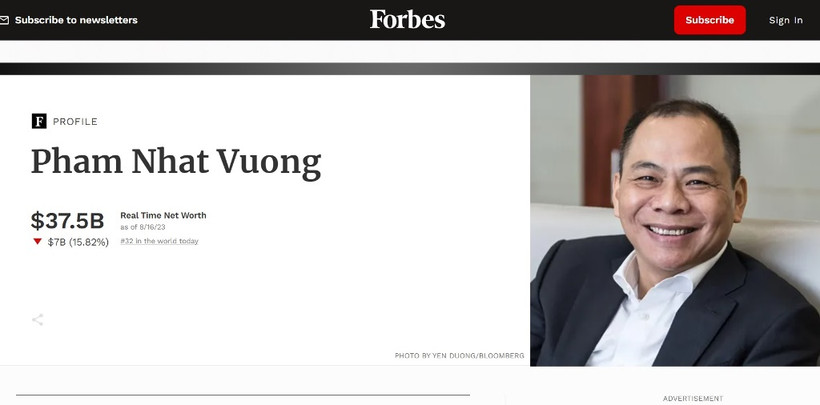Forbes cập nhật tài sản của tỷ phú Phạm Nhật Vượng ở mức 37,5 tỷ USD. Ảnh chụp màn hình.