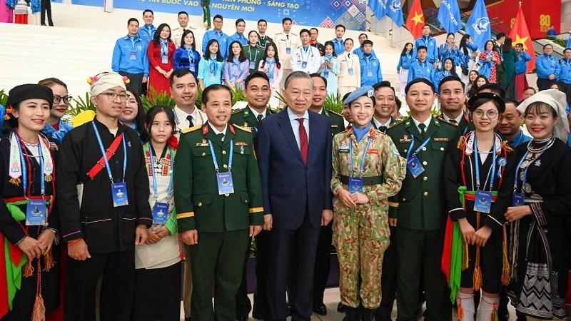 Tổng Bí thư Tô Lâm và các đại biểu dự Đại hội Liên hiệp thanh niên Việt Nam lần thứ IX. (Ảnh: DUY LINH)