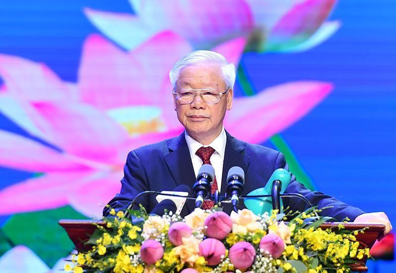 Tổng Bí thư Nguyễn Phú Trọng phát biểu tại Lễ kỷ niệm 60 năm Ngày thiết lập quan hệ ngoại giao, 45 năm Ngày ký Hiệp ước Hữu nghị và Hợp tác Việt Nam-Lào ngày 18/7, tại Hà Nội. (Ảnh: Đăng Khoa)