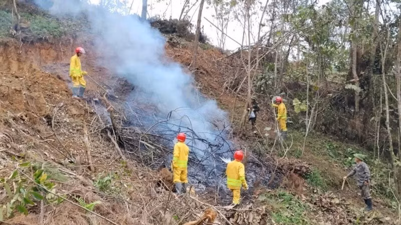 Hạt Kiểm lâm số 2 huấn luyện phòng cháy, chữa cháy rừng cho công nhân Công ty Trách nhiệm hữu hạn một thành viên lâm nghiệp Bắc Kạn. (Ảnh: TUẤN SƠN)