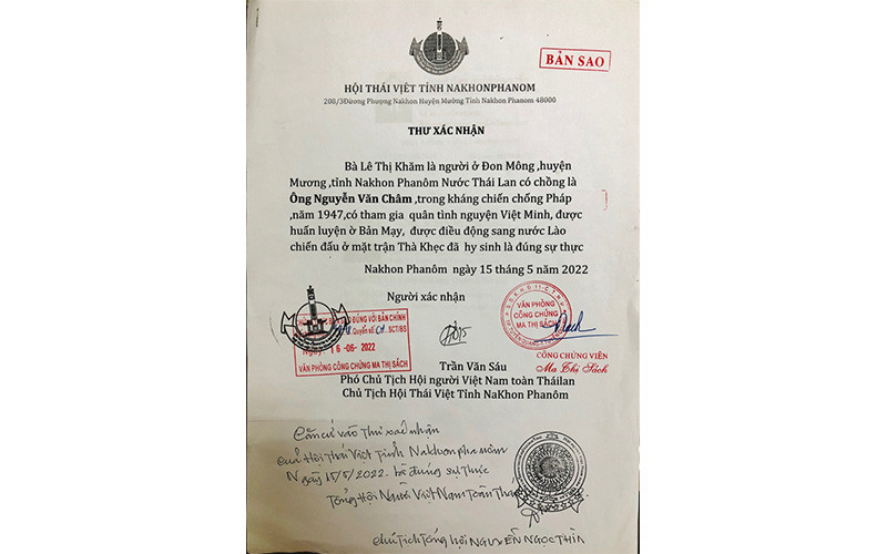 Thư xác nhận liệt sĩ Nguyễn Văn Châm của Hội Thái Việt tỉnh Nakhon Phanom. 