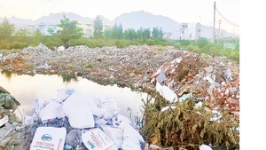 Chất thải xây dựng đổ trái phép gây ô nhiễm nguồn nước tại khu vực cạnh Nhà máy xử lý nước thải Liên Chiểu, thành phố Đà Nẵng.