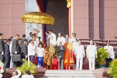 Quốc vương Norodom Sihamoni và các lãnh đạo cấp cao Campuchia tại Lễ kỷ niệm 72 năm Quốc khánh. (Ảnh: ĐINH TRƯỜNG)